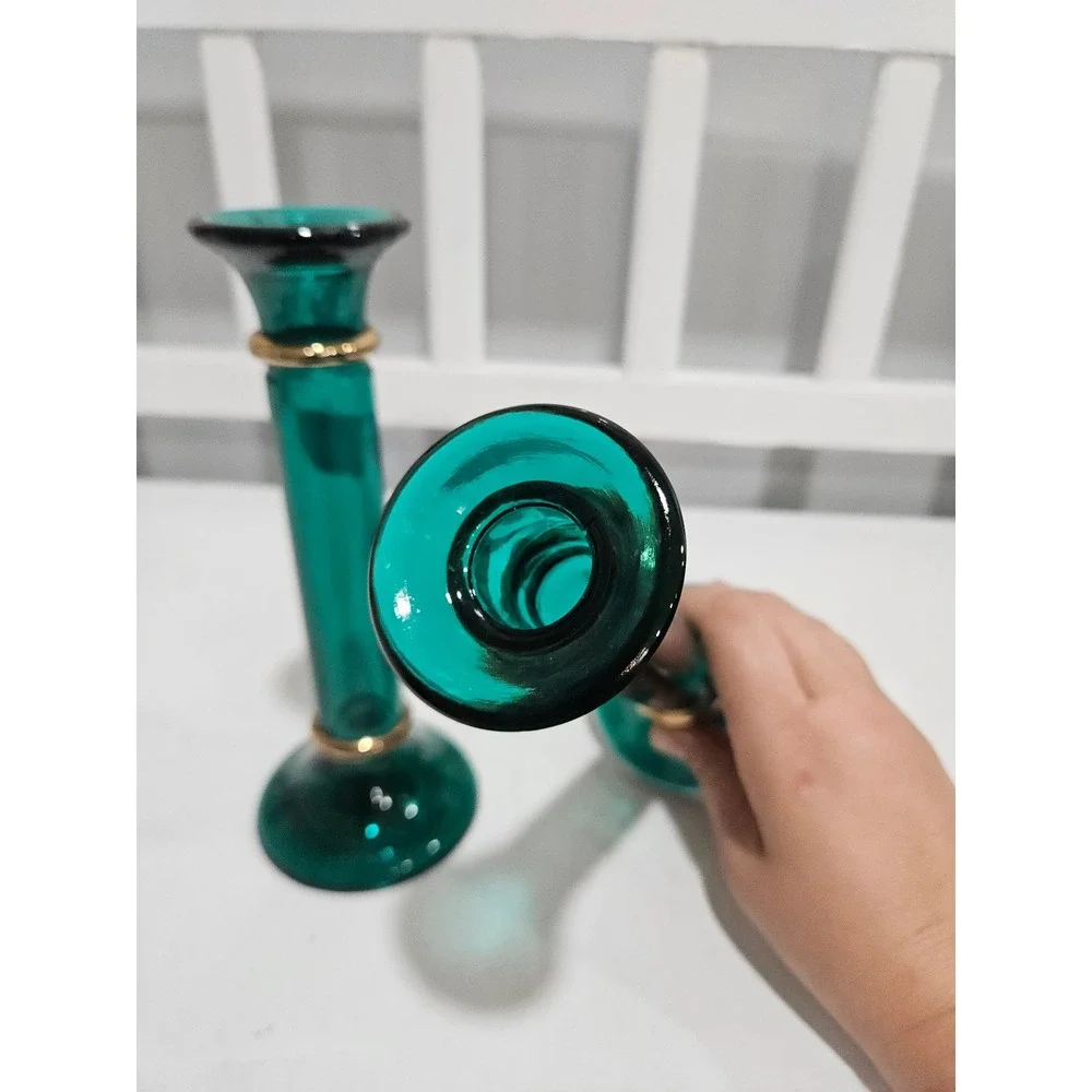 Vtg Pier 1 Emerald Green Glass Blown Glass Candle Holders, Made in Spain, 7.75